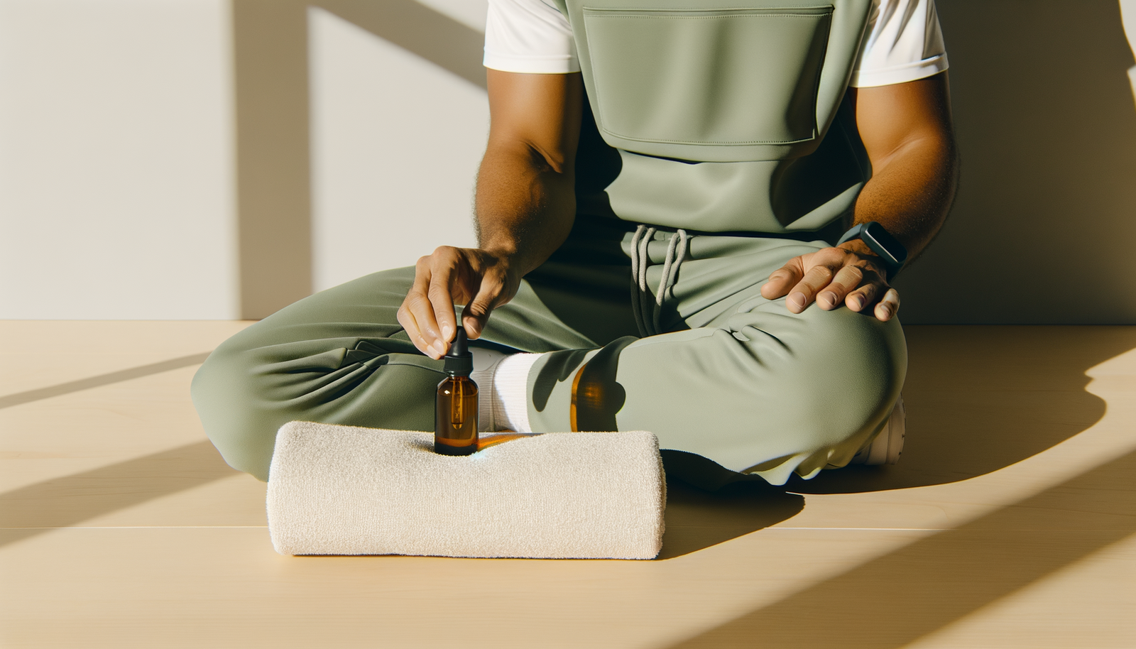 Sportif après séance dans gym minimaliste sage, flacon CBD ambre sur serviette blanche