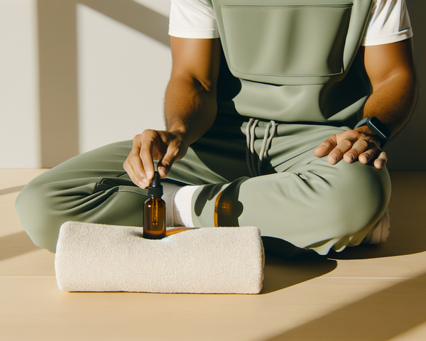 Sportif après séance dans gym minimaliste sage, flacon CBD ambre sur serviette blanche