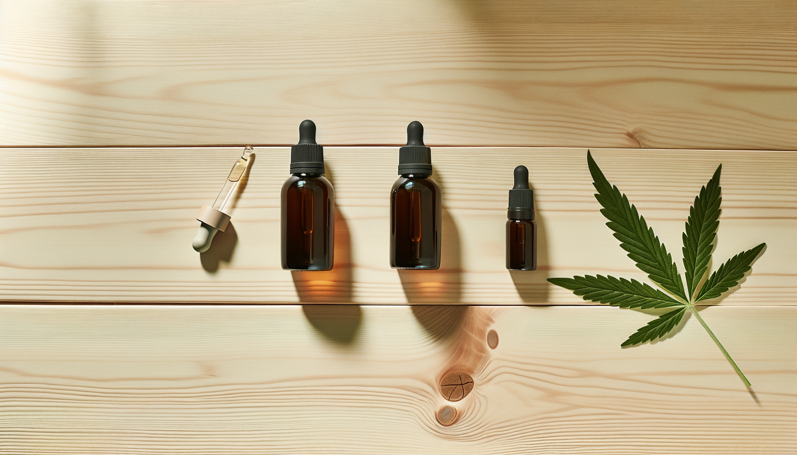 Trois flacons d'huile CBD différentes concentrations, flat-lay table en bois clair