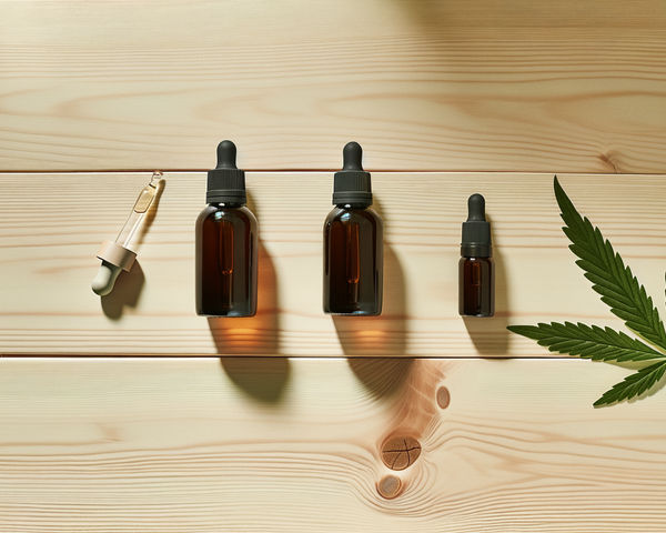 Trois flacons d'huile CBD différentes concentrations, flat-lay table en bois clair