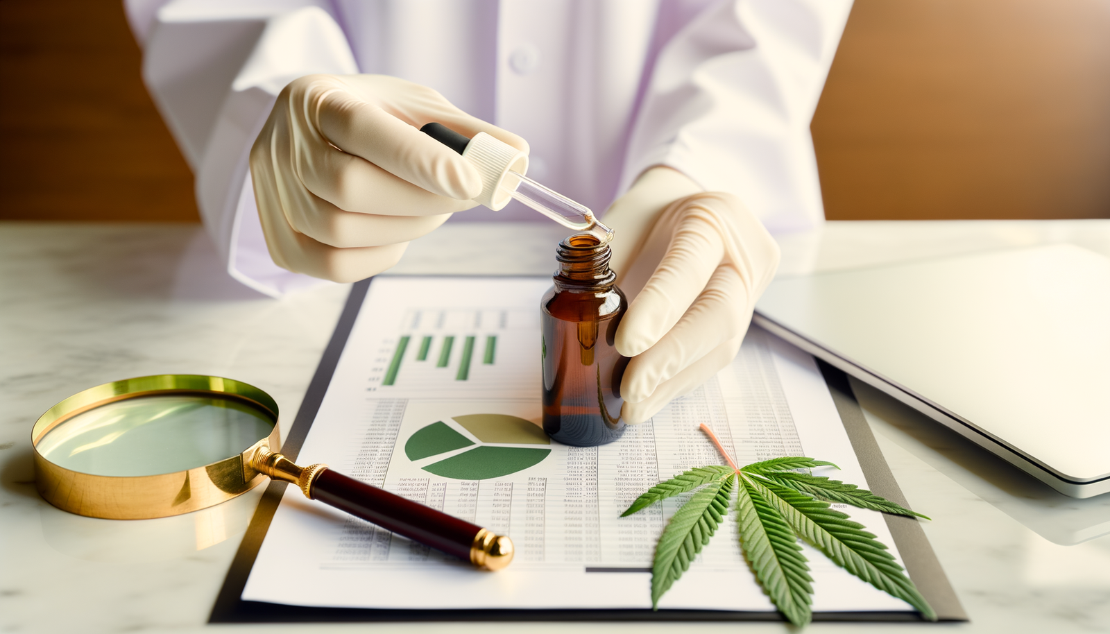 Mains gantées laboratoire analysant flacon CBD, document analyse et loupe