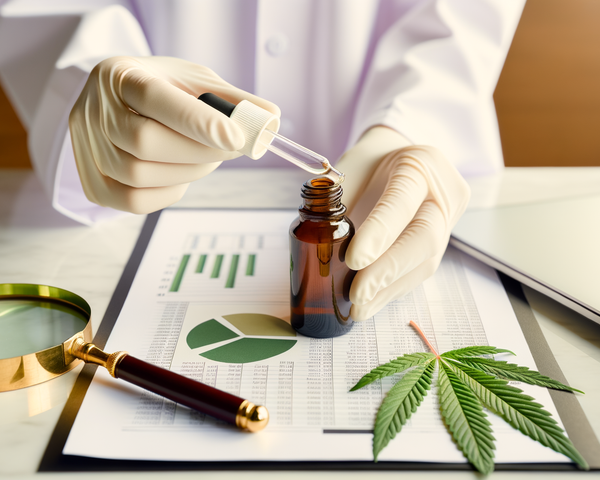 Mains gantées laboratoire analysant flacon CBD, document analyse et loupe