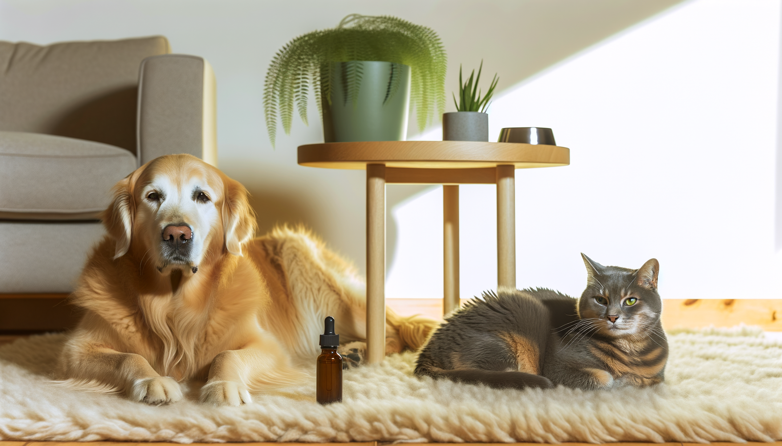 Chien golden retriever et chat tabby calmes ensemble sur tapis avec flacon CBD pour animaux