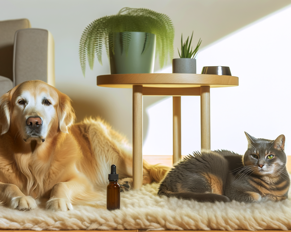 Chien golden retriever et chat tabby calmes ensemble sur tapis avec flacon CBD pour animaux