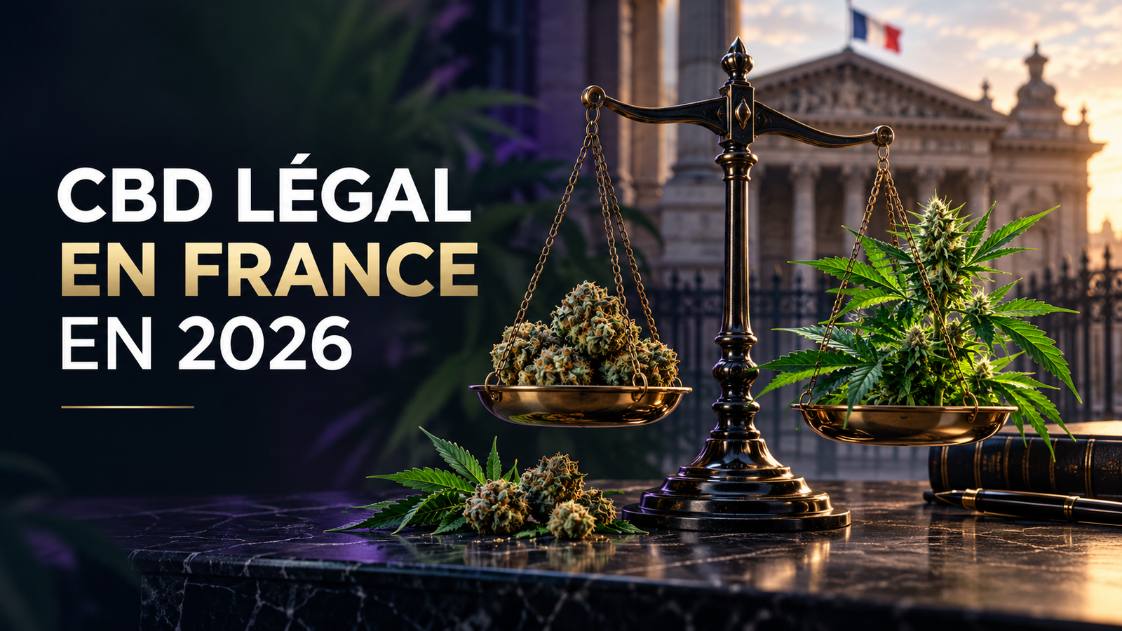 Balance de la justice entourée de fleurs de chanvre : CBD légal en France en 2026