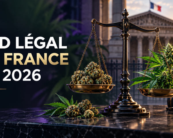 Balance de la justice entourée de fleurs de chanvre : CBD légal en France en 2026