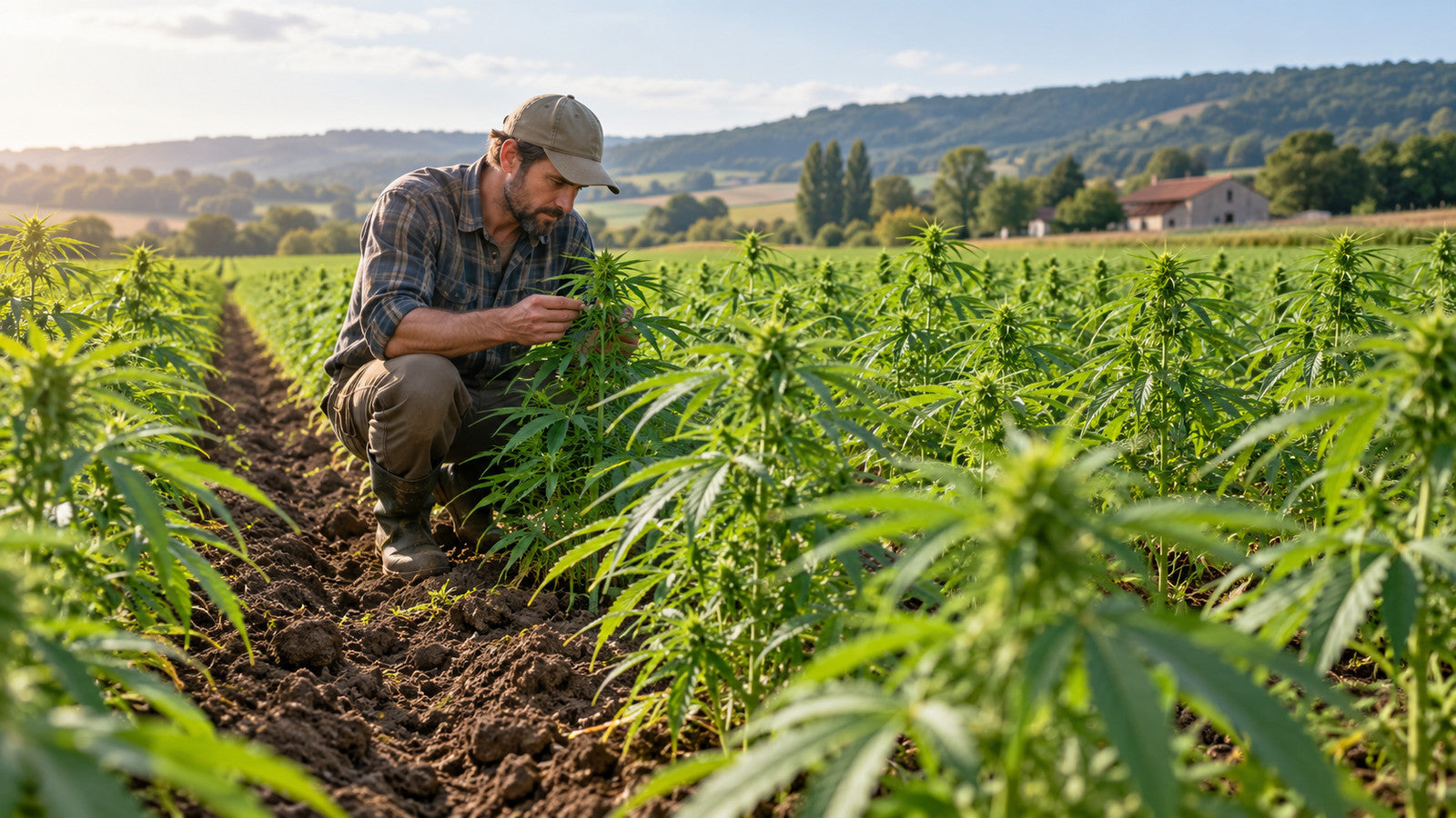 Agriculteur examinant des plants de chanvre en plein champ
