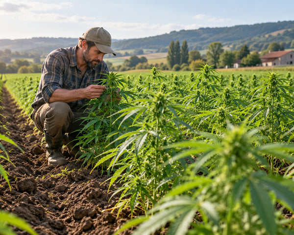Agriculteur examinant des plants de chanvre en plein champ