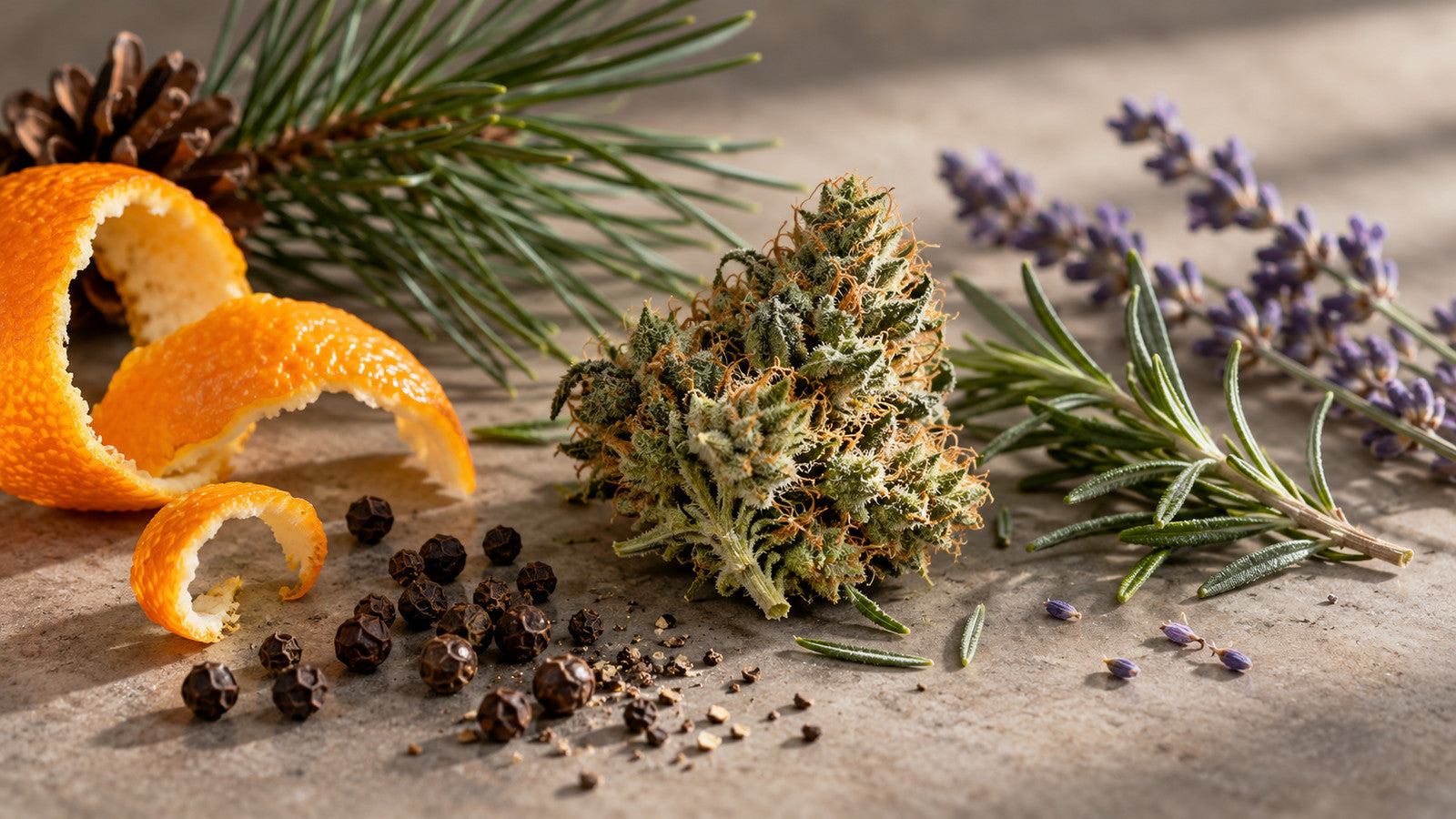 Fleur de chanvre entourée de plantes aromatiques et agrumes