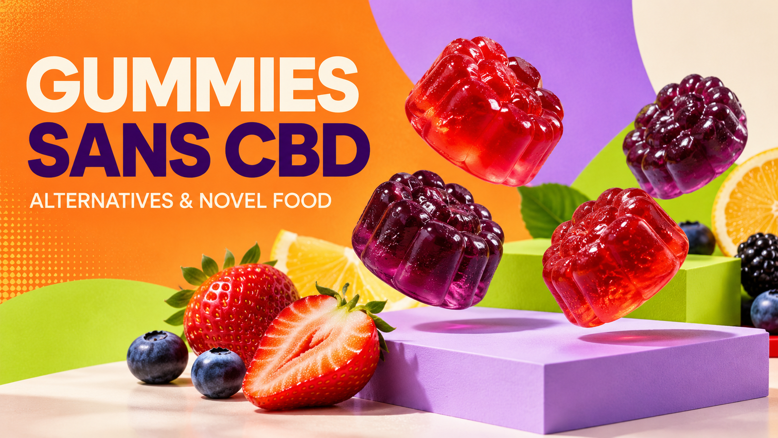 Gummies fruités colorés sur fond orange et violet : alternatives sans CBD et Novel Food en 2026