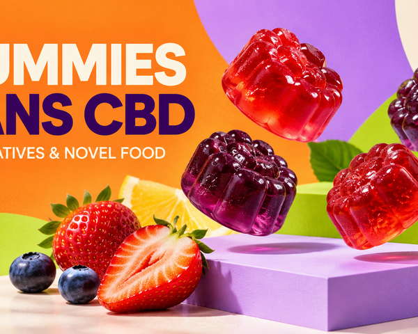 Gummies fruités colorés sur fond orange et violet : alternatives sans CBD et Novel Food en 2026