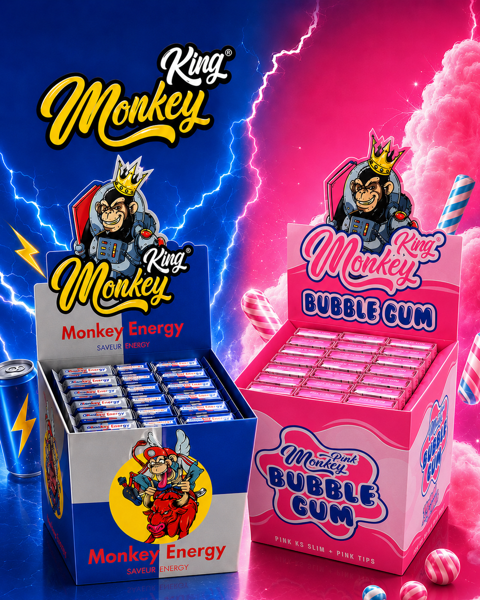 Boîtes King Monkey KS Slim avec tips aromatisés saveur Energy et Bubble Gum