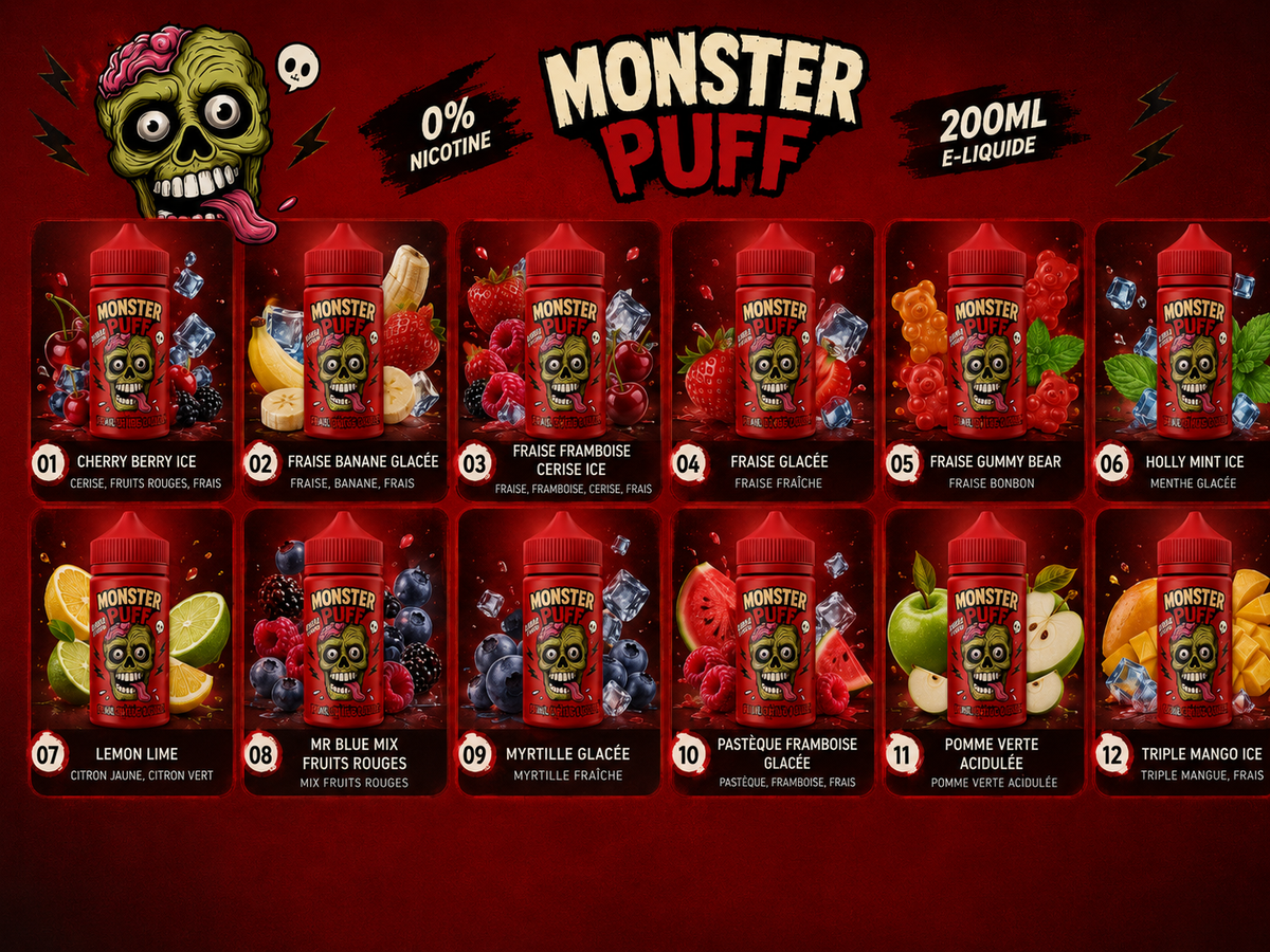 Gamme Monster Puff e-liquide 200ml sans nicotine avec 12 saveurs fruitées et glacées