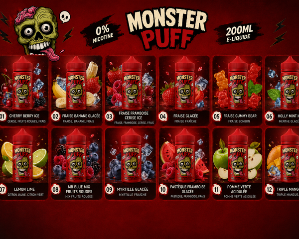 Gamme Monster Puff e-liquide 200ml sans nicotine avec 12 saveurs fruitées et glacées