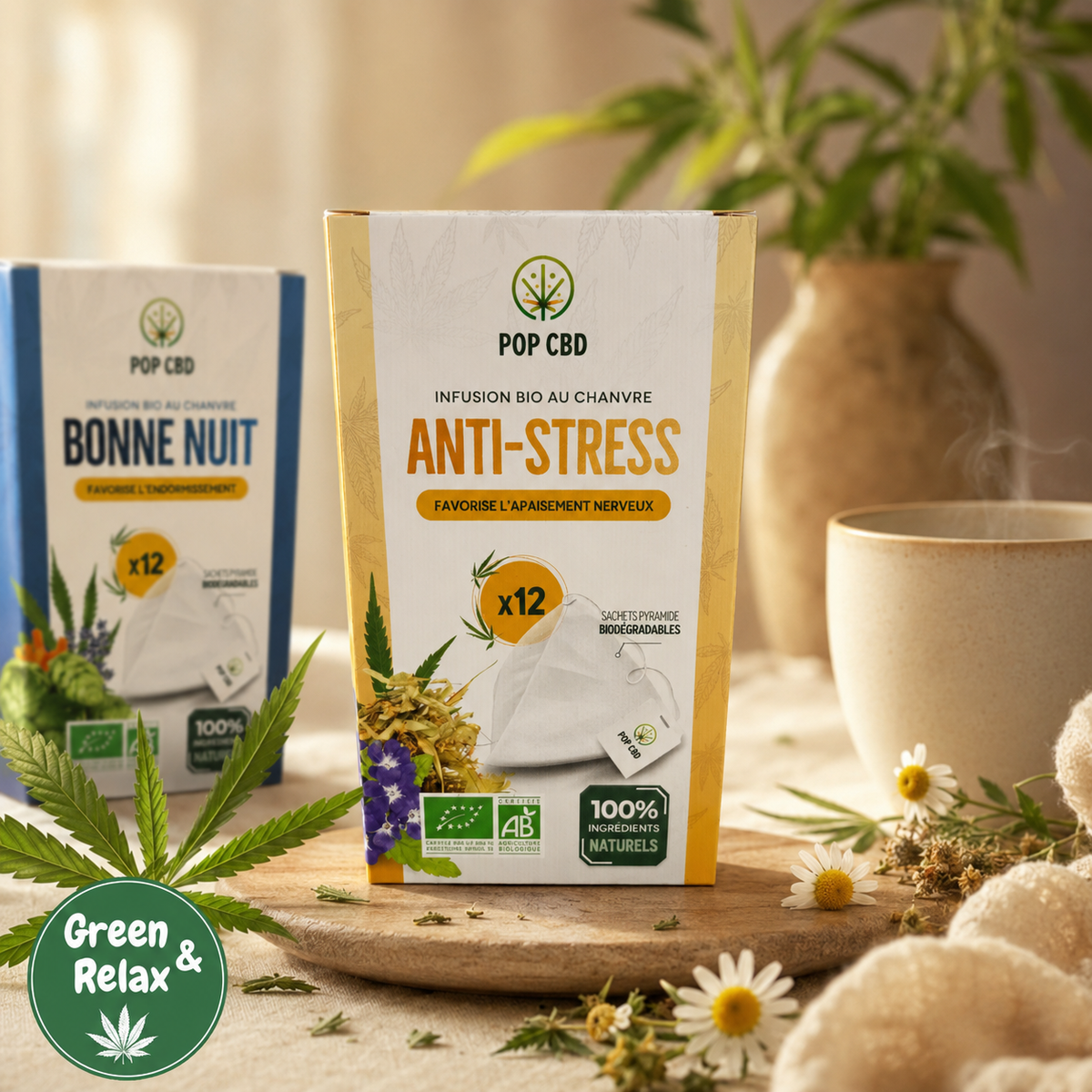 Infusions Bio au Chanvre Pop CBD – Bonne Nuit, Anti‑Stress – Sachets Pyramidaux