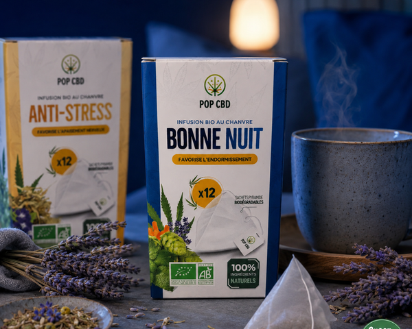 Infusions Bio au Chanvre Pop CBD – Bonne Nuit, Anti‑Stress – Sachets Pyramidaux