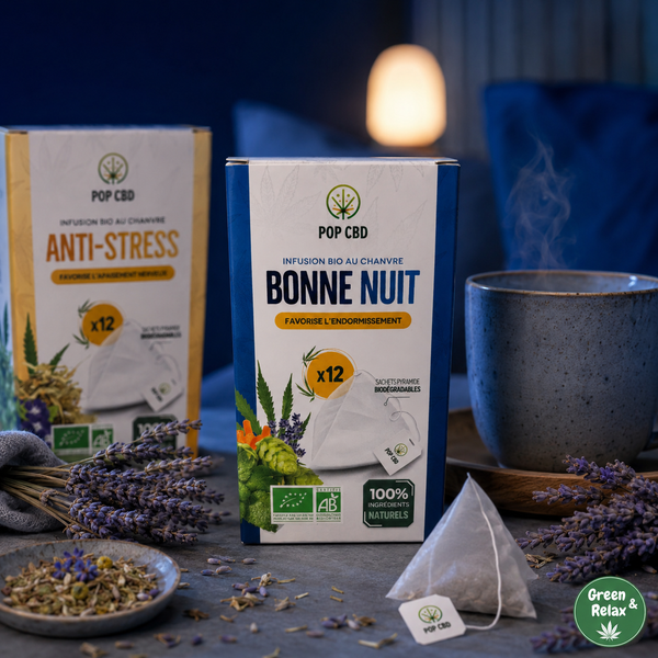 Infusions Bio au Chanvre Pop CBD – Bonne Nuit, Anti‑Stress – Sachets Pyramidaux