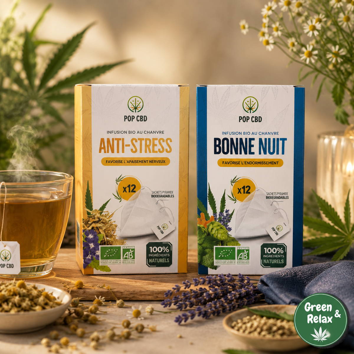 Infusions Bio au Chanvre Pop CBD – Bonne Nuit, Anti‑Stress – Sachets Pyramidaux