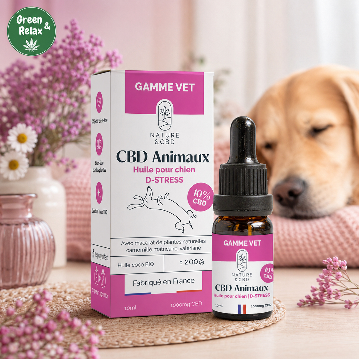 Huile CBD Chien Protect+ – Plantes & Huile de Coco BIO – 10 % CBD