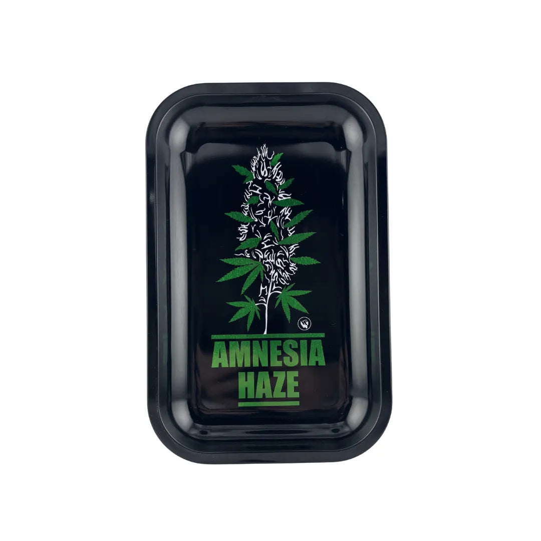 Plateau fumeur design Amnesia Haze avec illustration de plante de chanvre en format vertical pour accessoires CBD à Metz