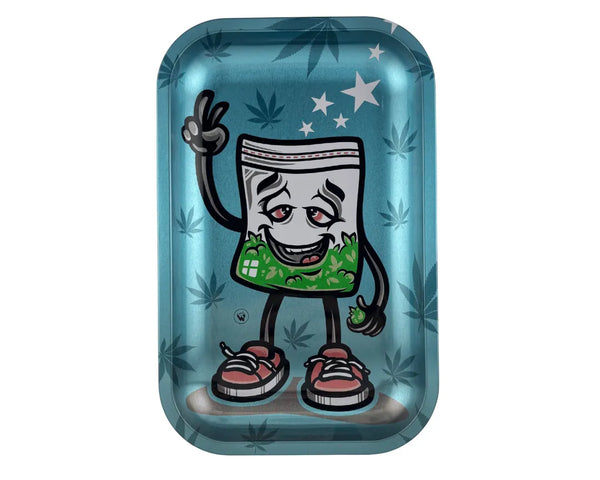 Plateau fumeur design cartoon représentant un sachet anthropomorphique sur fond bleu avec feuilles de chanvre, en format vertical pour accessoires CBD à Metz