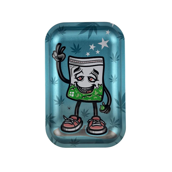 Plateau fumeur design cartoon représentant un sachet anthropomorphique sur fond bleu avec feuilles de chanvre, en format vertical pour accessoires CBD à Metz