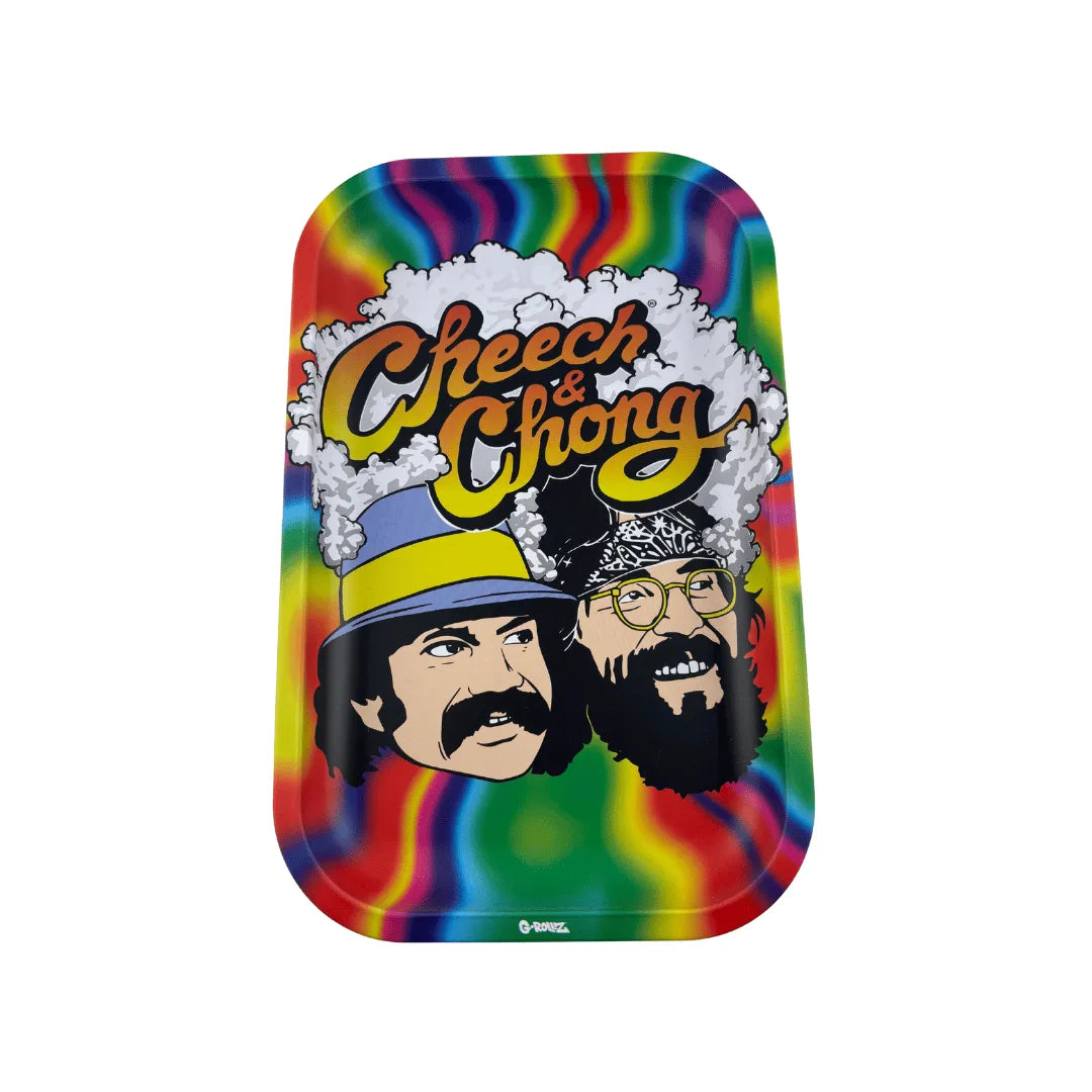 Plateau fumeur design psychédélique Cheech & Chong avec fond arc‑en‑ciel en format vertical pour accessoires CBD à Metz