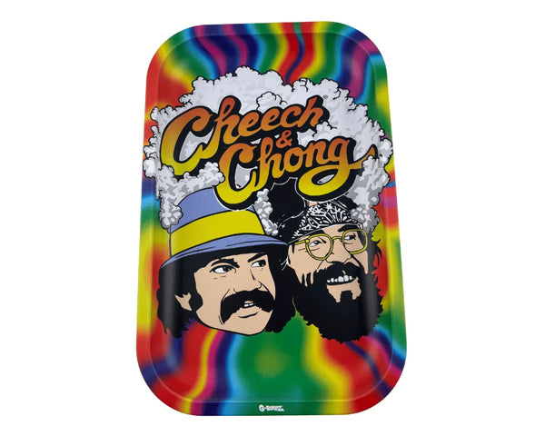 Plateau fumeur design psychédélique Cheech & Chong avec fond arc‑en‑ciel en format vertical pour accessoires CBD à Metz