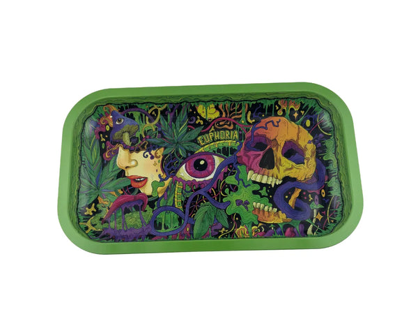 Plateau fumeur design Euphoria avec crâne multicolore, œil psychédélique et motifs nature en format rectangulaire pour accessoires CBD à Metz