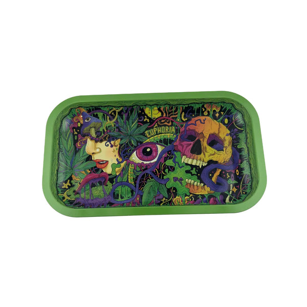 Plateau fumeur design Euphoria avec crâne multicolore, œil psychédélique et motifs nature en format rectangulaire pour accessoires CBD à Metz