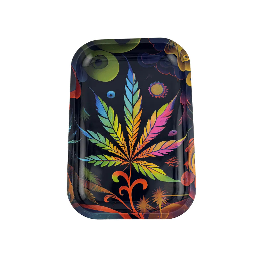 Plateau fumeur design feuille de chanvre arc‑en‑ciel sur fond noir psychédélique en format vertical pour accessoires CBD à Metz
