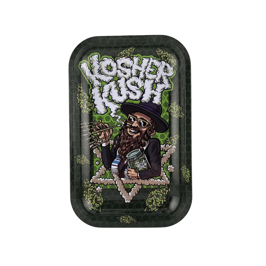 Plateau fumeur design Kosher Kush avec personnage cartoon inspiré d’un rabbin tenant un multi‑joint, sur fond vert orné de têtes de chanvre, en format vertical pour accessoires CBD à Metz