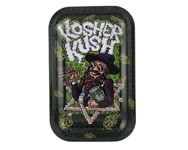 Plateau fumeur design Kosher Kush avec personnage cartoon inspiré d’un rabbin tenant un multi‑joint, sur fond vert orné de têtes de chanvre, en format vertical pour accessoires CBD à Metz