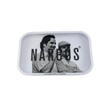 Plateau fumeur design Narcos en noir et blanc avec deux personnages iconiques en format rectangulaire pour accessoires CBD à Metz