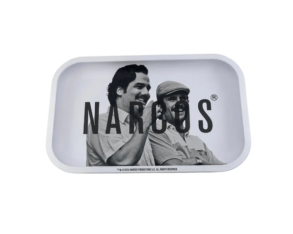 Plateau fumeur design Narcos en noir et blanc avec deux personnages iconiques en format rectangulaire pour accessoires CBD à Metz
