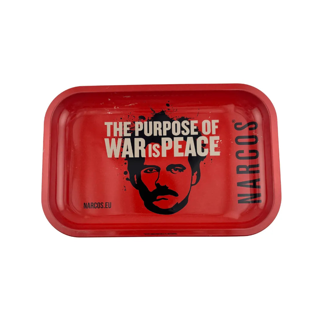 Plateau fumeur design Narcos rouge avec message « War Is Peace » en format rectangulaire pour accessoires CBD à Metz