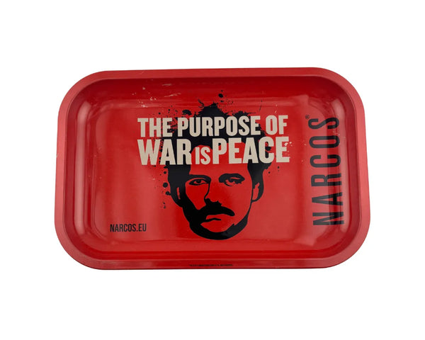 Plateau fumeur design Narcos rouge avec message « War Is Peace » en format rectangulaire pour accessoires CBD à Metz