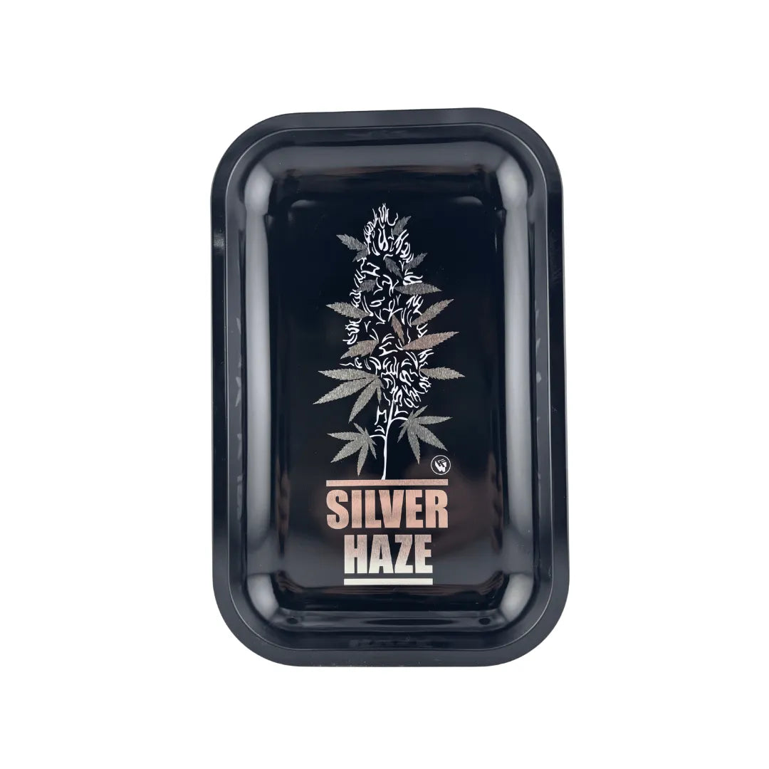 Plateau fumeur design Silver Haze avec illustration de plante de chanvre en format vertical pour accessoires CBD à Metz