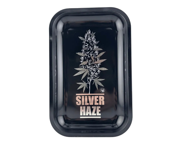 Plateau fumeur design Silver Haze avec illustration de plante de chanvre en format vertical pour accessoires CBD à Metz