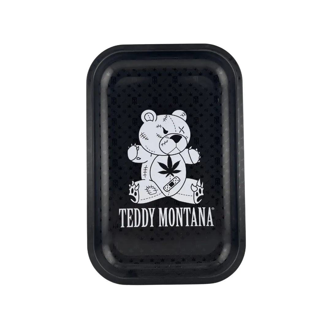 Plateau fumeur design Teddy Montana noir avec ourson stylisé et motifs chanvre en format vertical pour accessoires CBD à Metz