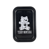 Plateau fumeur design Teddy Montana noir avec ourson stylisé et motifs chanvre en format vertical pour accessoires CBD à Metz
