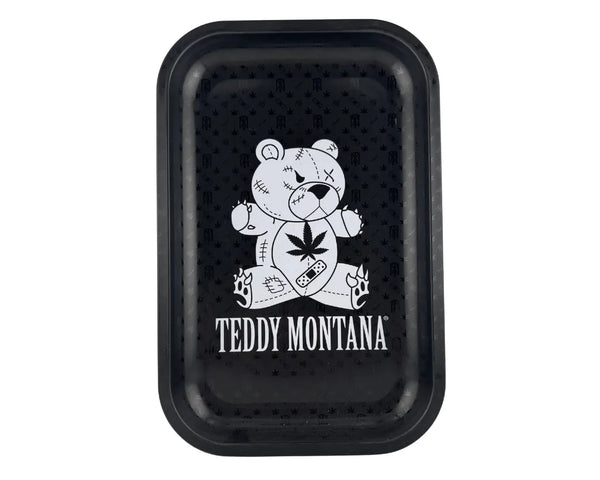 Plateau fumeur design Teddy Montana noir avec ourson stylisé et motifs chanvre en format vertical pour accessoires CBD à Metz