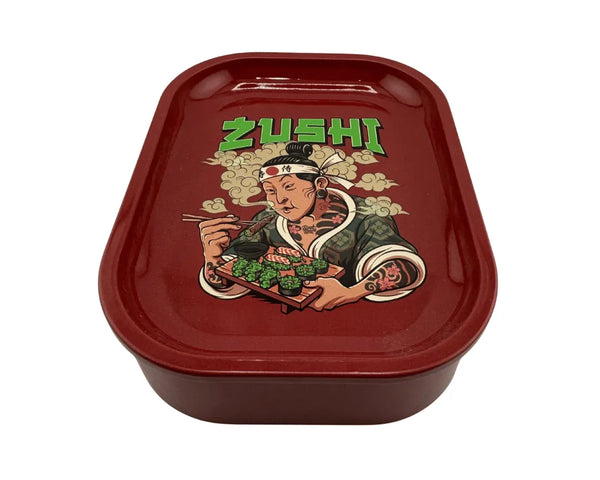 Boîte de rangement en métal Zushi rouge vue de face avec personnage japonais cartoon tenant un plateau de sushis, pour accessoires CBD à Metz
