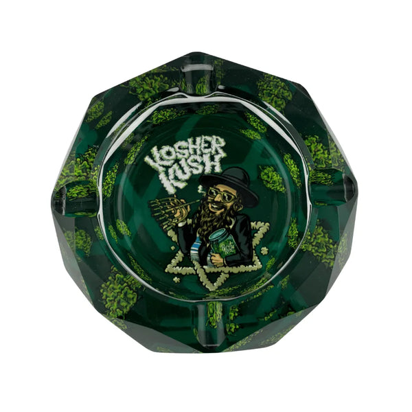 Cendrier en verre vert design Kosher Kush avec illustration graphique personnage barbu stylisé et lettrage blanc, forme octogonale avec encoches, finition brillante décorative
