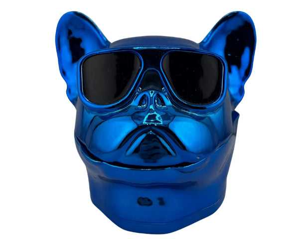 Grinder en forme de tête de bouledogue vert chromé avec lunettes noires, design décoratif original, idéal pour accessoires CBD à Metz