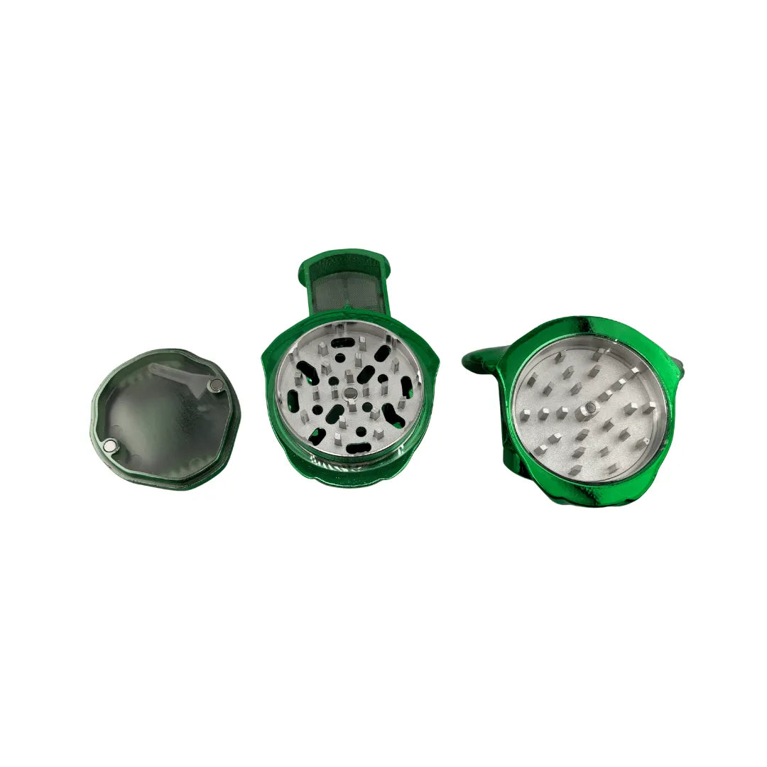 Grinder bouledogue chromé vert ouvert montrant les trois parties : couvercle magnétique, chambre de broyage et base avec dents métalliques, pour accessoires CBD à Metz
