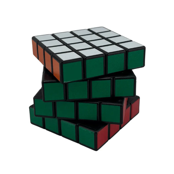 Grinder en métal en forme de cube puzzle style Rubik avec faces colorées vert, rouge et blanc, design géométrique original, idéal pour accessoires CBD à Metz