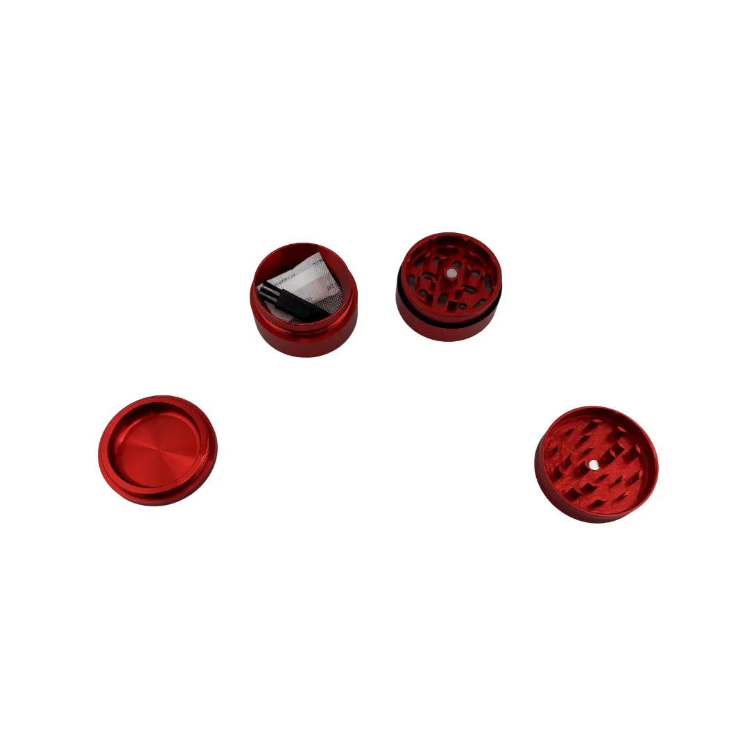 Grinder Hammer Craft x RAW rouge démonté montrant les quatre parties en aluminium avec tamis intégré et réservoir, pour accessoires CBD à Metz
