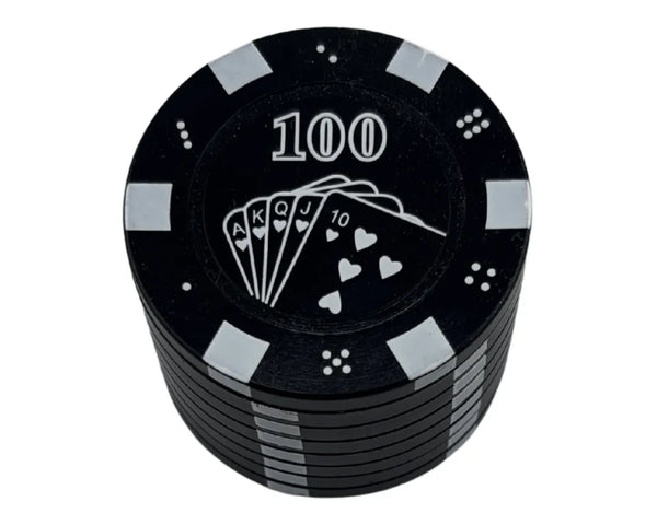 Grinder en forme de jeton de poker noir valeur 100 avec motifs de cartes et cœurs, design réaliste, idéal pour accessoires CBD à Metz