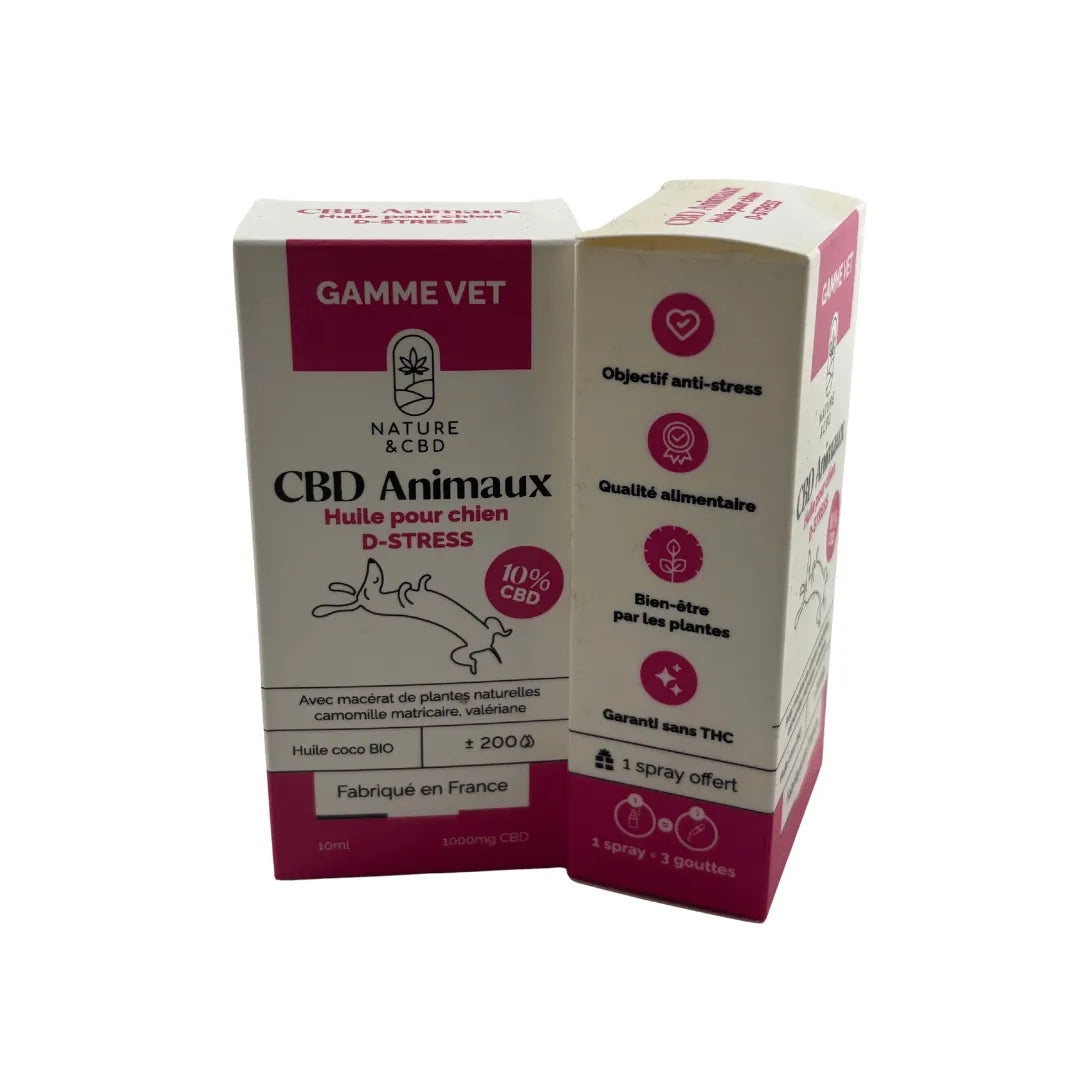 Huile CBD Animaux pour chien Protect+ 10 % Gamme Vet Nature & CBD, packaging blanc et vert avec mention macérat de plantes naturelles et huile coco bio
